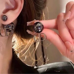 Black Tribales Asymmetrical Pearl Designer Logo Earrings